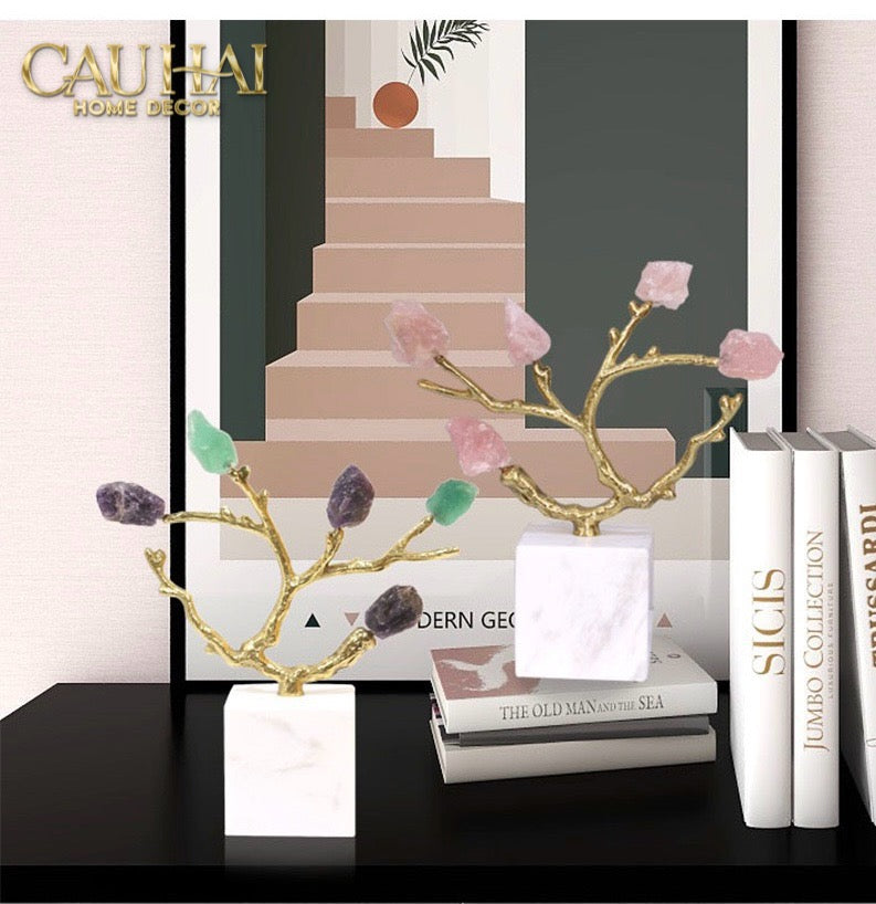 Maison Couture - Tượng Đồng Nhánh Cây Đá Thạch Anh Amethyst Aventurine Tree of Fortune 25x8x26-CẬU HAI HOME DECOR