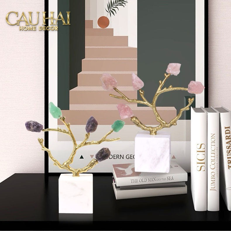 Maison Couture - Tượng Đồng Nhánh Cây Đá Thạch Anh Amethyst Aventurine Tree of Fortune 25x8x26-CẬU HAI HOME DECOR