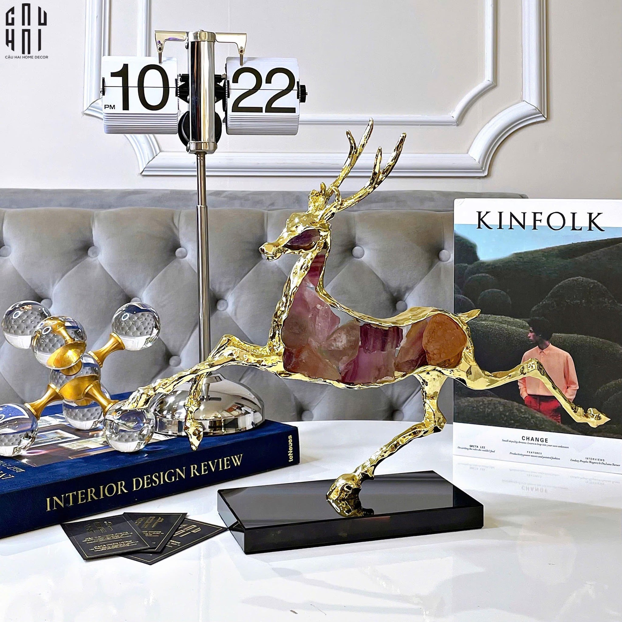 Maison Couture - Tượng Hươu Chạy Bằng Đồng Đá Thạch Anh Tím Amethyst Bolting Elk 42.5x34-CẬU HAI HOME DECOR