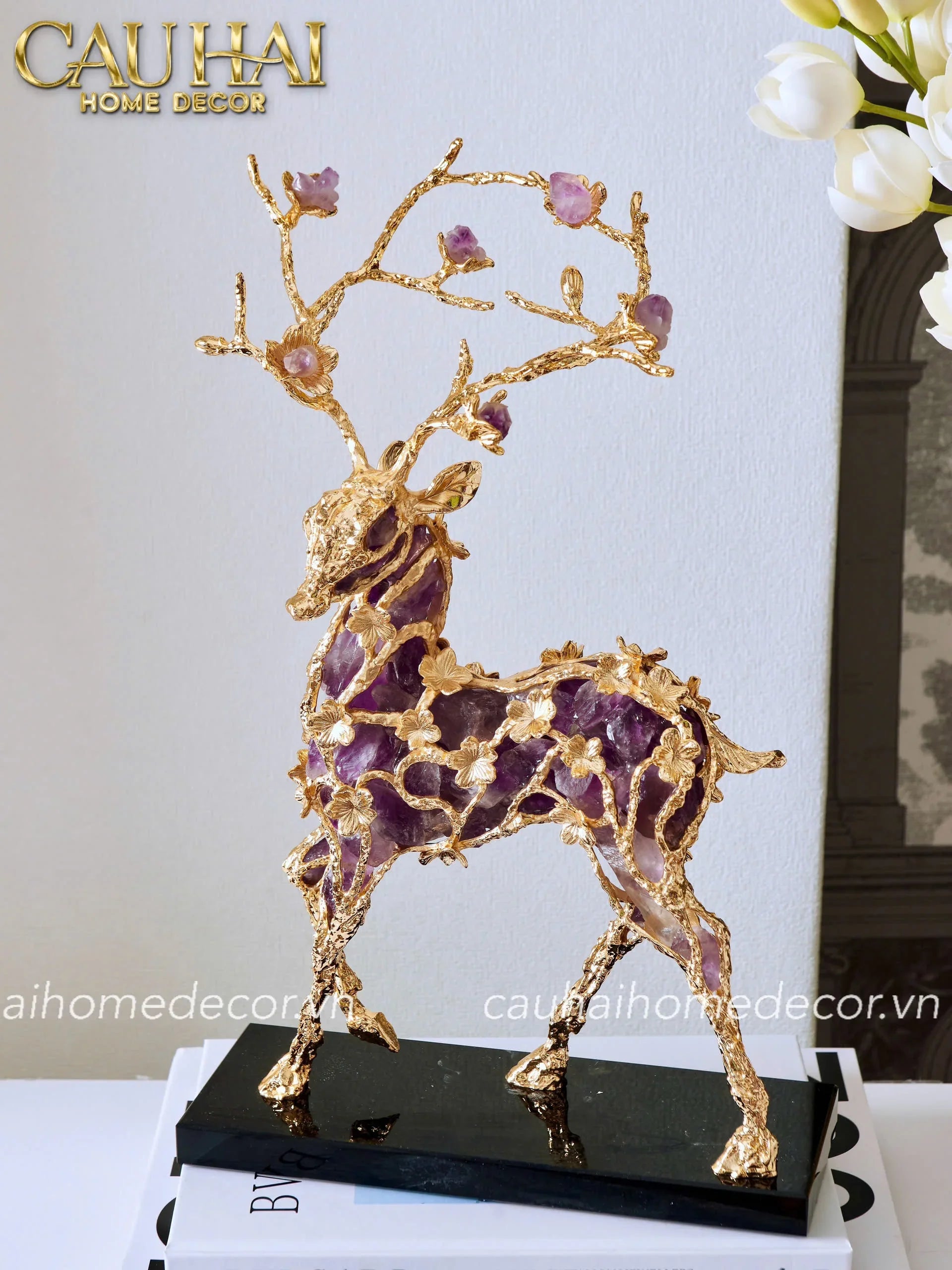 Maison Couture - Tượng Hươu Đồng Đá Thạch Anh Tím Sentinel Prima Gemstones Antler - H44x26-CẬU HAI HOME DECOR