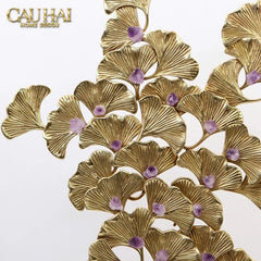 Maison Couture - Tượng Lá Ngân Hạnh Bằng Đồng - Đá Thạch Anh Tím Grandeur Brasson Ginkgo Amethyst 35x60-CẬU HAI HOME DECOR