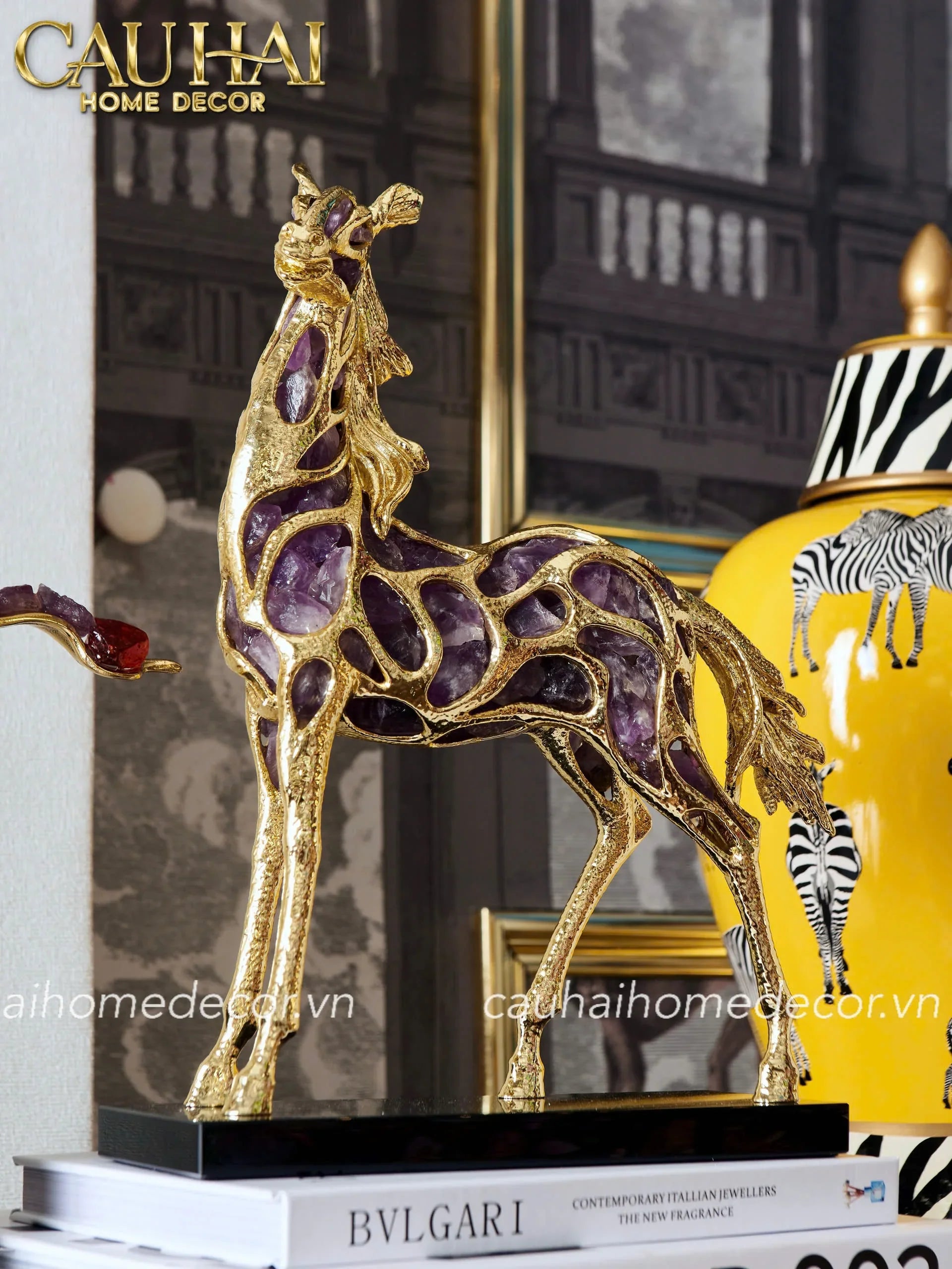 Maison Couture - Tượng Ngựa Đồng Đá Thạch Anh Tím - Thiên Mã Sentinel Prime Améthyste Stallion Équestre - 10x26x37-CẬU HAI HOME DECOR