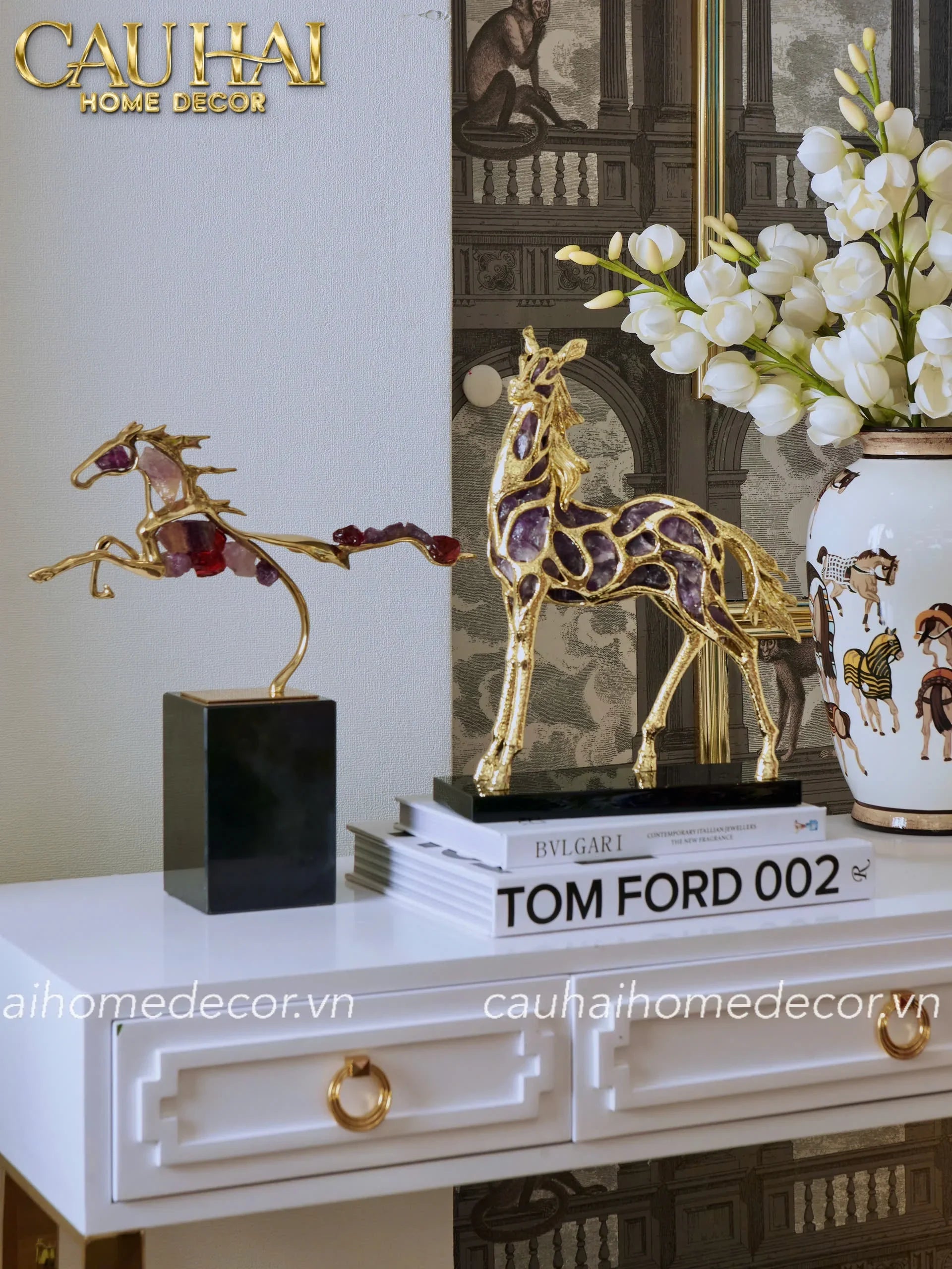 Maison Couture - Tượng Ngựa Đồng Đá Thạch Anh Tím - Thiên Mã Sentinel Prime Améthyste Stallion Équestre - 10x26x37-CẬU HAI HOME DECOR