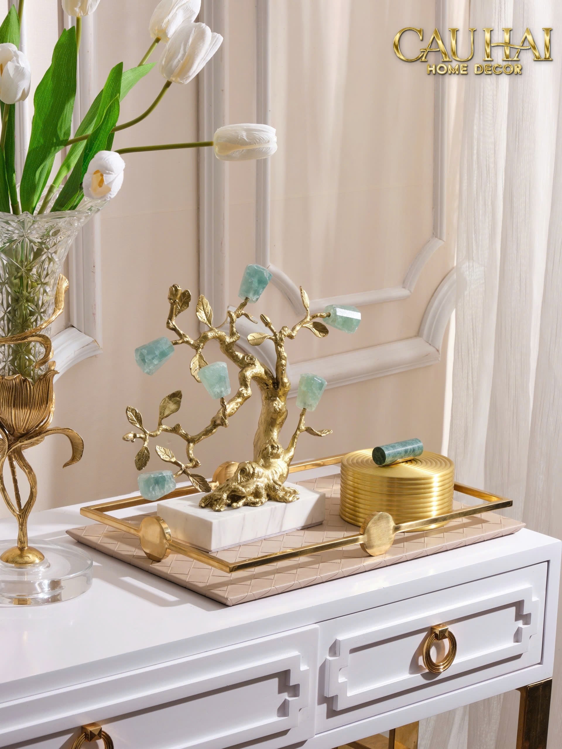 Maison Couture - Tượng Nhân Sâm Bằng Đồng Đá Thạch Anh Xanh - Brasson Aventurine Quartz - Root Of Eternity 9x30x27-CẬU HAI HOME DECOR