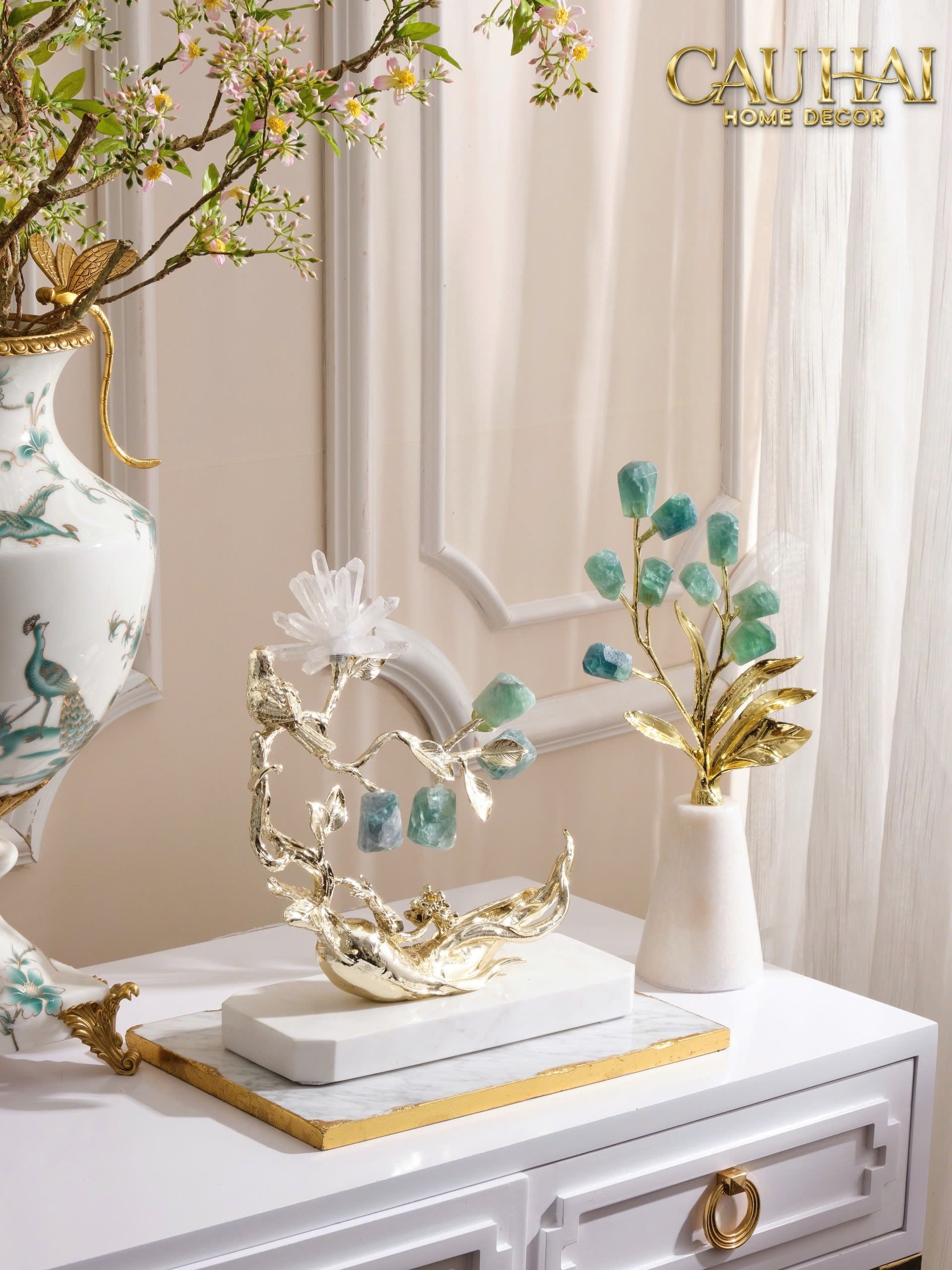 Maison Couture - Tượng Nhân Sâm Bằng Đồng Đá Thạch Anh Xanh - Brasson Aventurine Quartz - Root Of Eternity 9x30x27-CẬU HAI HOME DECOR