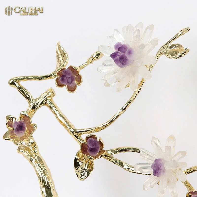 Maison Couture - Tượng Nhánh Cây Bằng Đồng Đá Thạch Anh Trắng White Quartz Harmony Amethyst Blooming 25x40-CẬU HAI HOME DECOR