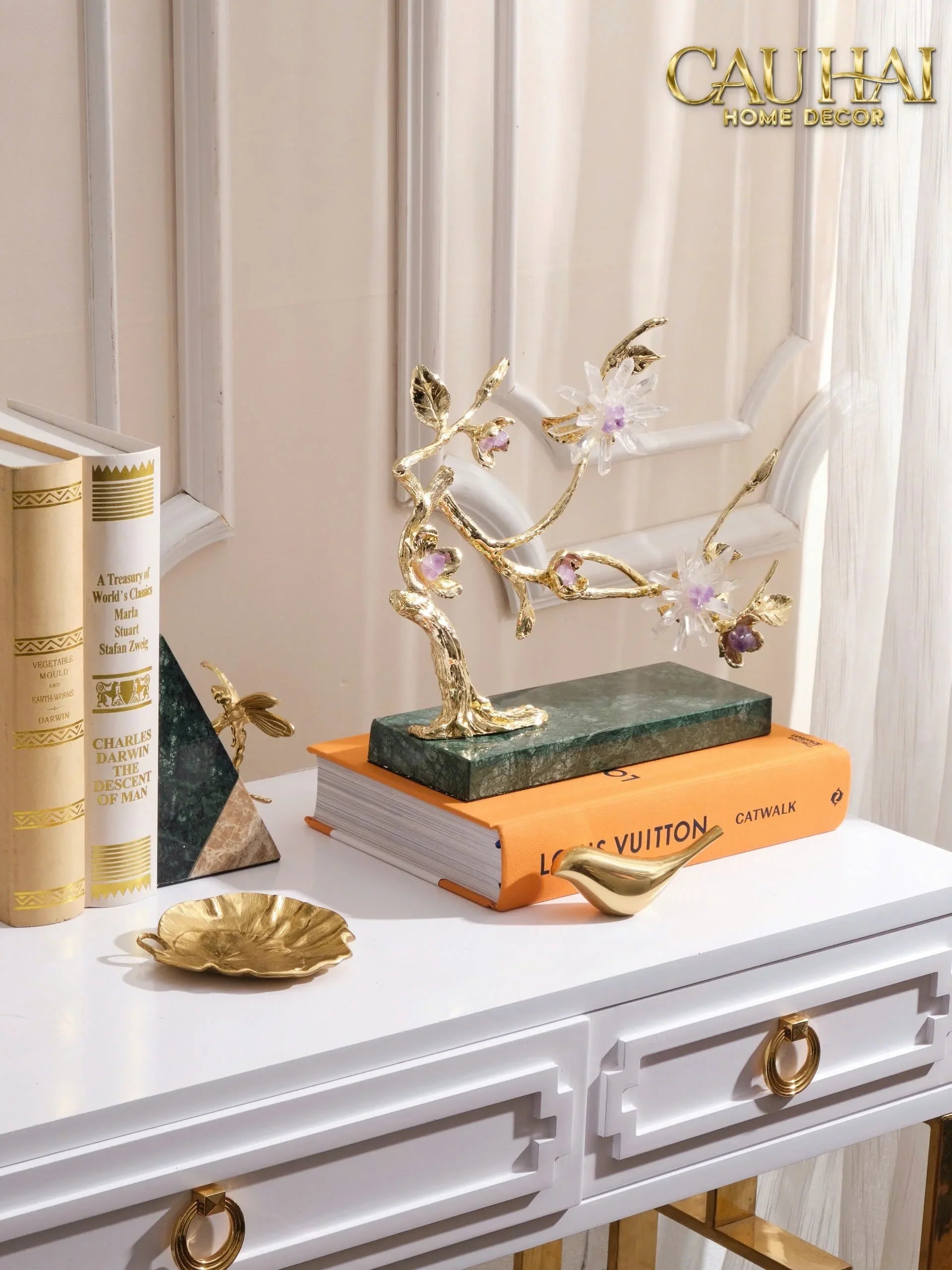Maison Couture - Tượng Nhánh Cây Bằng Đồng Đá Thạch Anh Trắng White Quartz Harmony Amethyst Blooming 25x40-CẬU HAI HOME DECOR