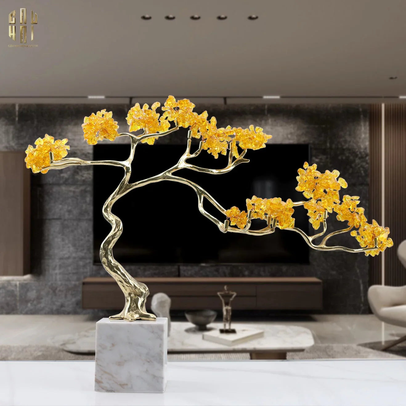 Maison Couture - Tượng Nhánh Cây Bonsai Thân Đồng Đá Pha Lê Vàng Lux Zen "Tree Of Light" 15x55x35-CẬU HAI HOME DECOR