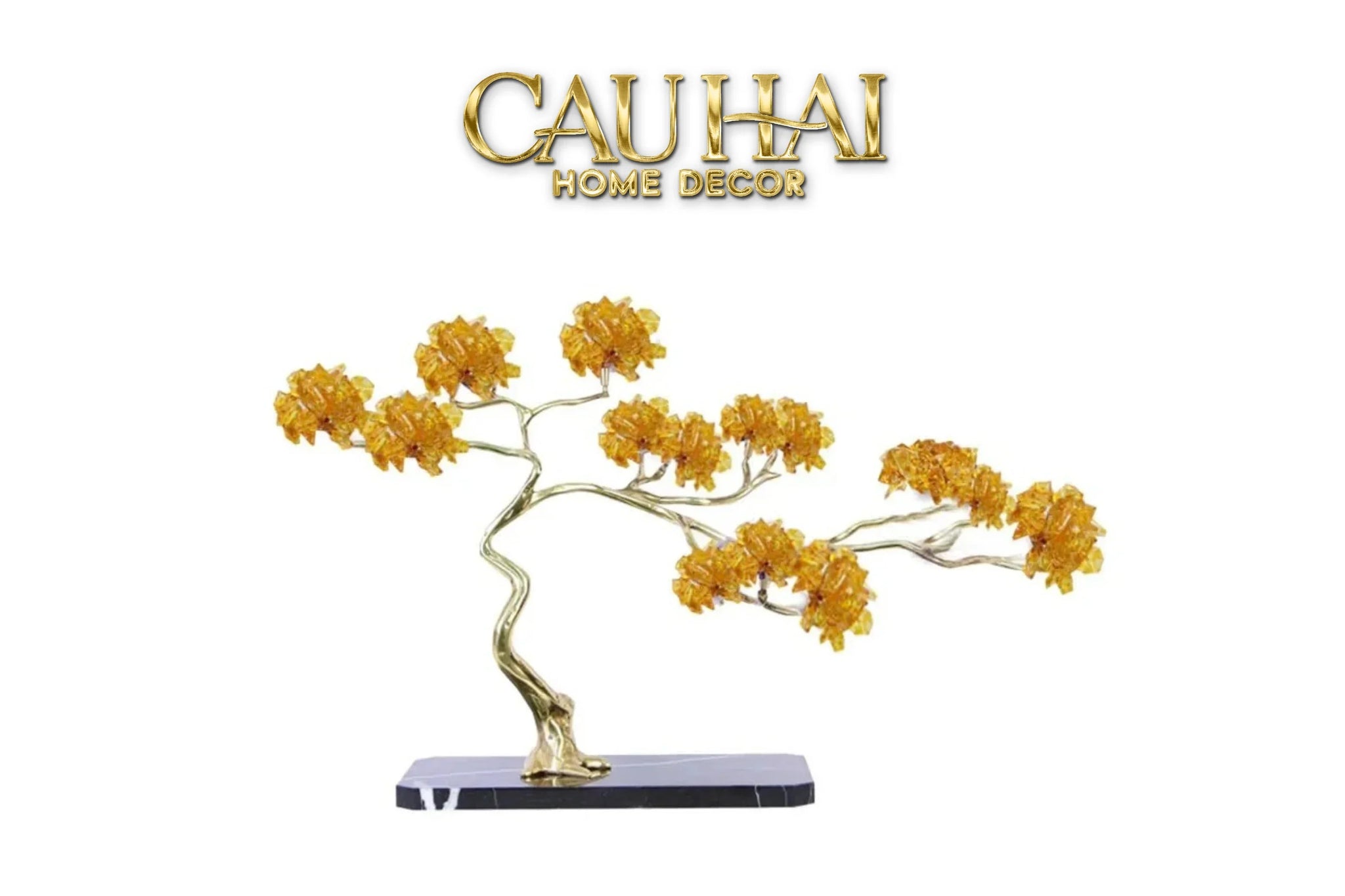 Maison Couture - Tượng Nhánh Cây Bonsai Thân Đồng Đá Pha Lê Vàng Lux Zen "Tree Of Light" 15x55x35-CẬU HAI HOME DECOR