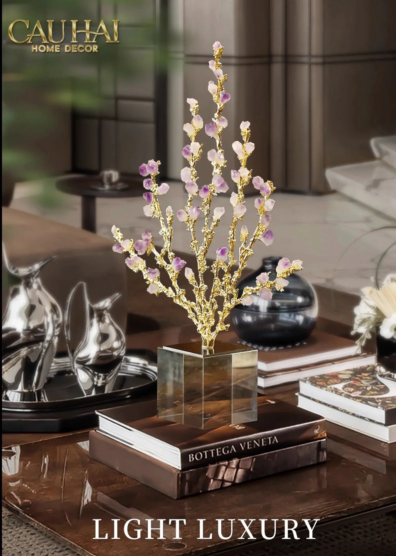 Maison Couture - Tượng San Hô Bằng Đồng Đá Thạch Anh Tím Amethyst Brasson Coral 32x42-CẬU HAI HOME DECOR