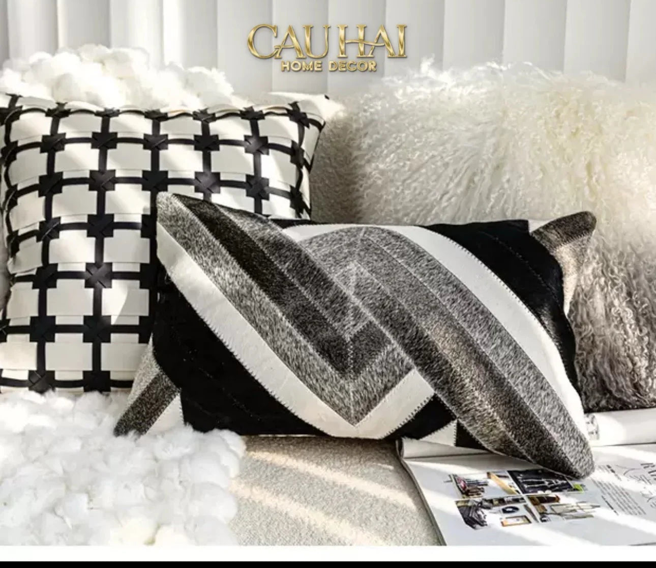 Maison Couture - Vỏ Gối Da Lux Leather Crossline Monochrome 45-CẬU HAI HOME DECOR