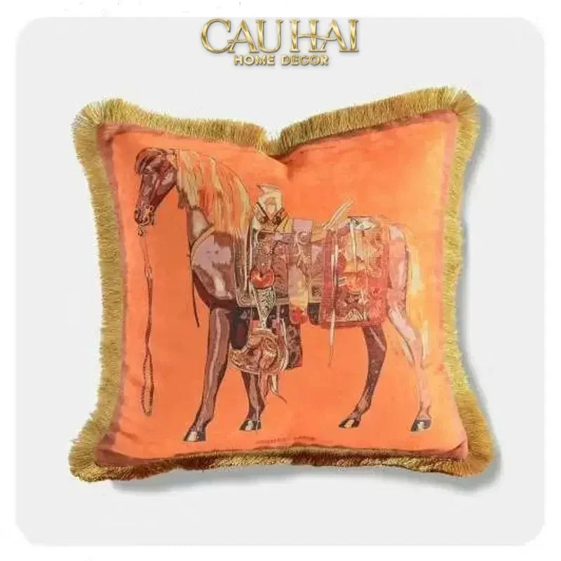 Maison Couture - Vỏ gối Nhung Chenille Cao Cấp Signature Orange Cheval Équestre 45 Corner Tassel-VỎ GỐI-CẬU HAI HOME DECOR-CẬU HAI HOME DECOR
