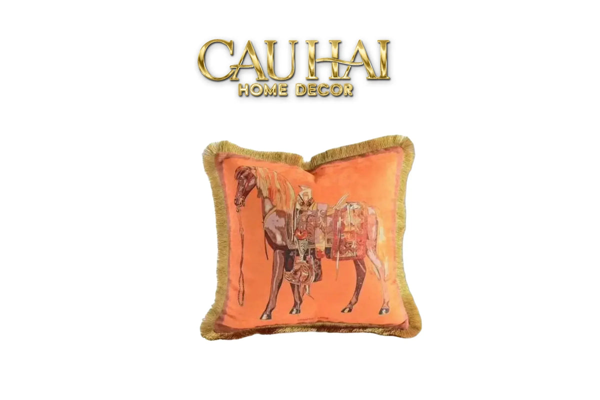 Maison Couture - Vỏ gối Nhung Chenille Cao Cấp Signature Orange Cheval Équestre 45 Corner Tassel-VỎ GỐI-CẬU HAI HOME DECOR-CẬU HAI HOME DECOR