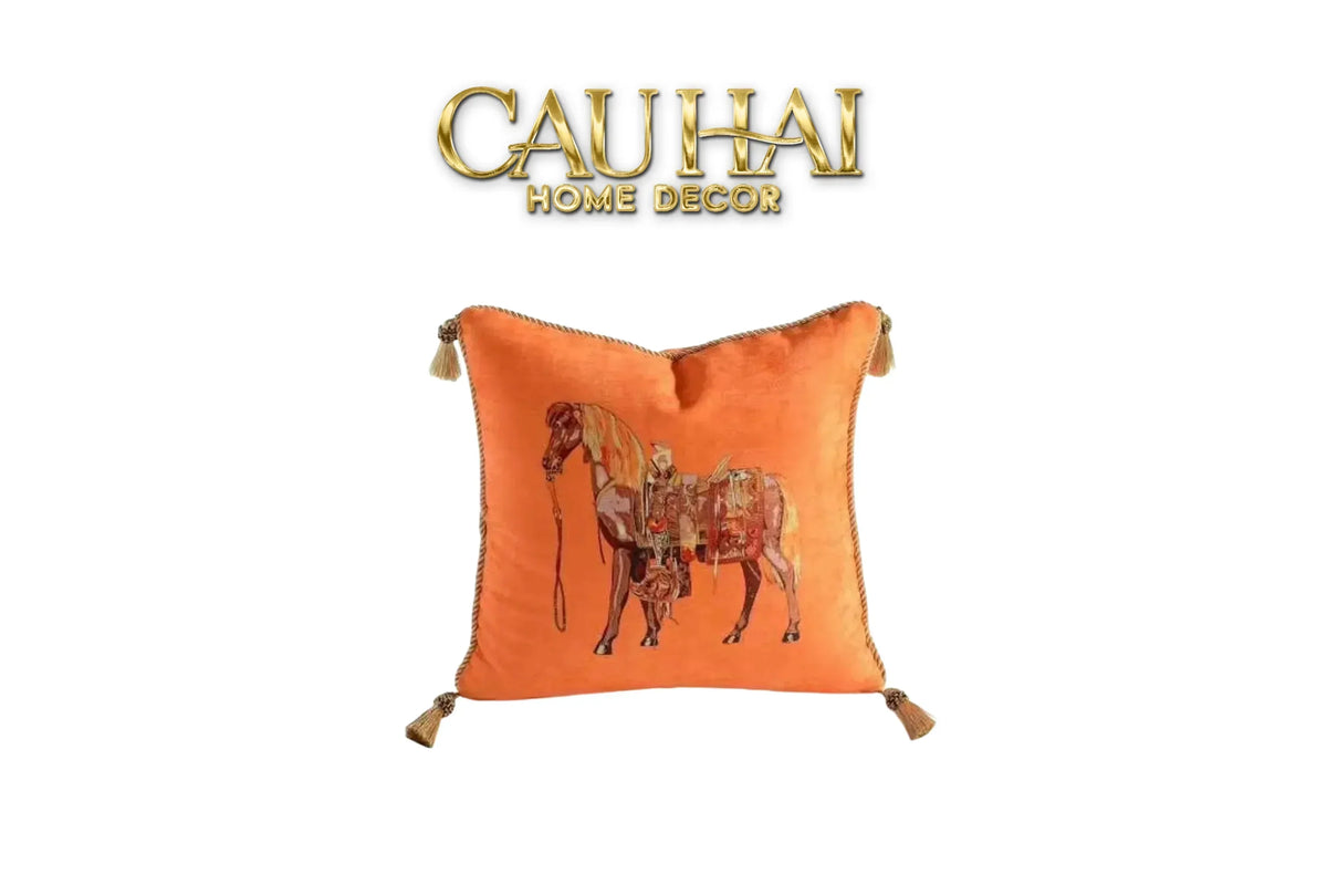 Maison Couture - Vỏ gối Nhung Chenille Cao Cấp Signature Orange Cheval Équestre 45 Corner Tassel-VỎ GỐI-CẬU HAI HOME DECOR-CẬU HAI HOME DECOR