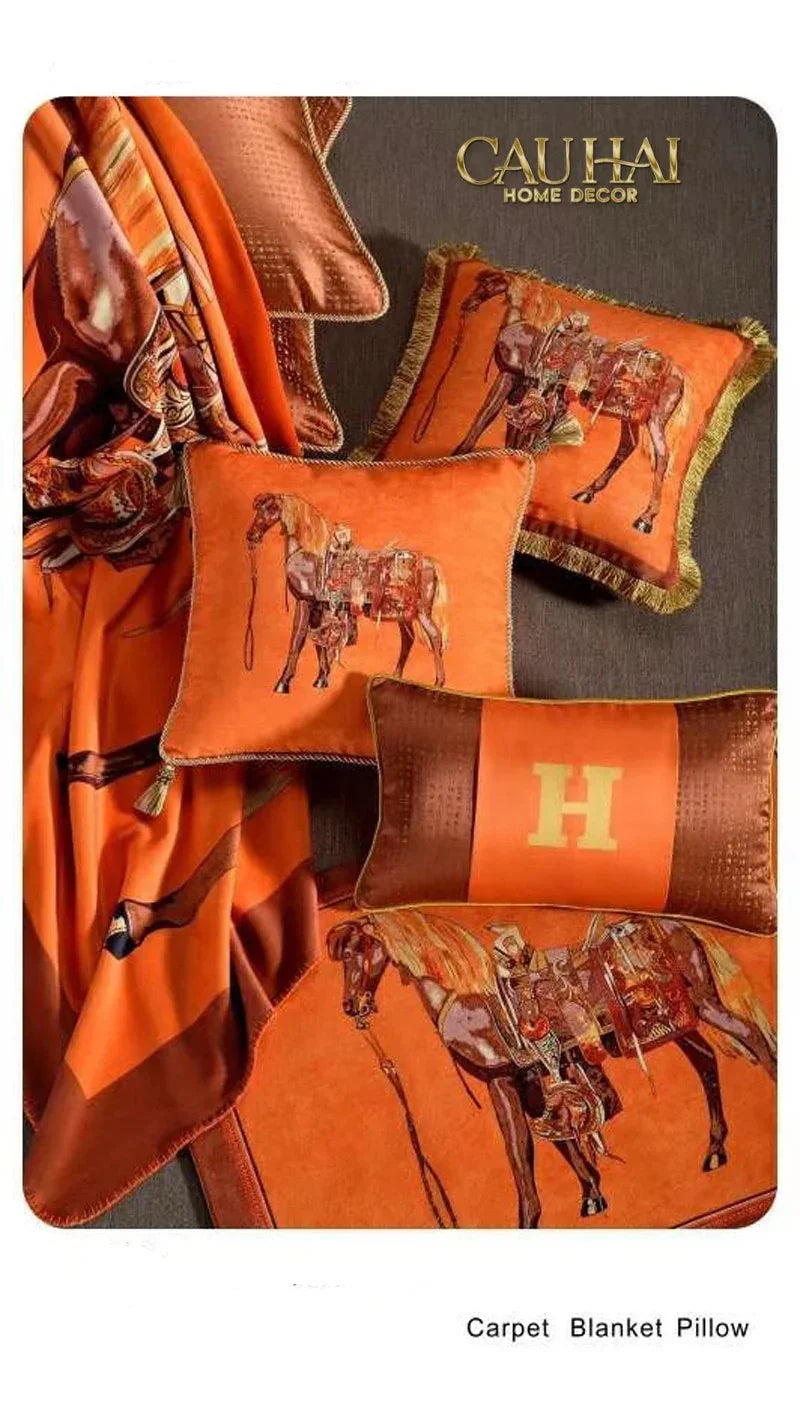Maison Couture - Vỏ gối Nhung Chenille Cao Cấp Signature Orange Cheval Équestre 45 Corner Tassel-VỎ GỐI-CẬU HAI HOME DECOR-CẬU HAI HOME DECOR
