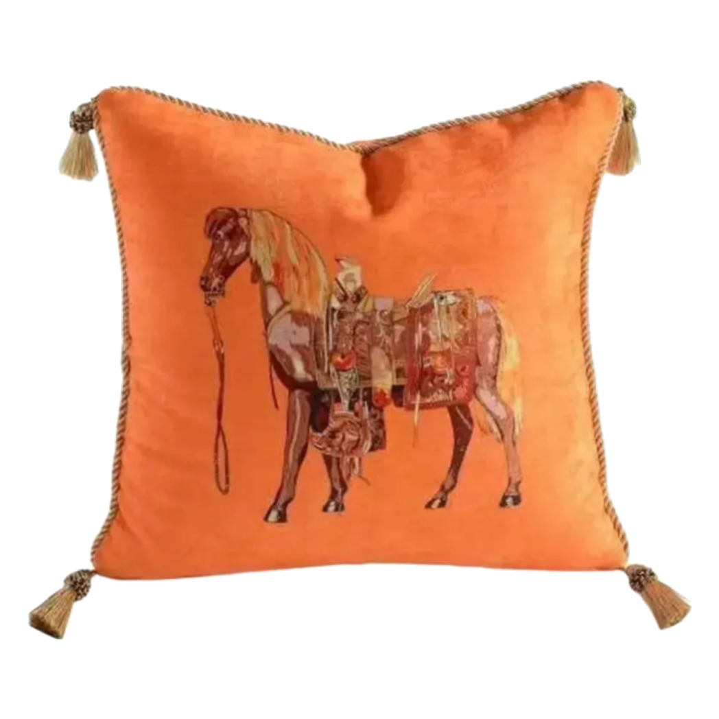 Maison Couture - Vỏ gối Nhung Chenille Cao Cấp Signature Orange Cheval Équestre 45 Corner Tassel-VỎ GỐI-CẬU HAI HOME DECOR-CẬU HAI HOME DECOR
