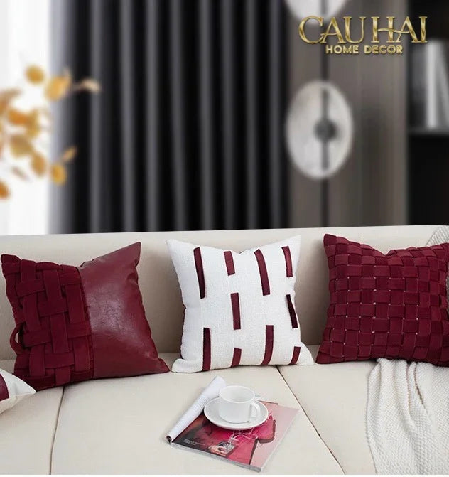 Maison Couture - Vỏ Gối Nhung Leather Bordeaux Woven 45-VỎ GỐI-Đối tác tại Trung Quốc theo từng đơn đặt hàng-CẬU HAI HOME DECOR