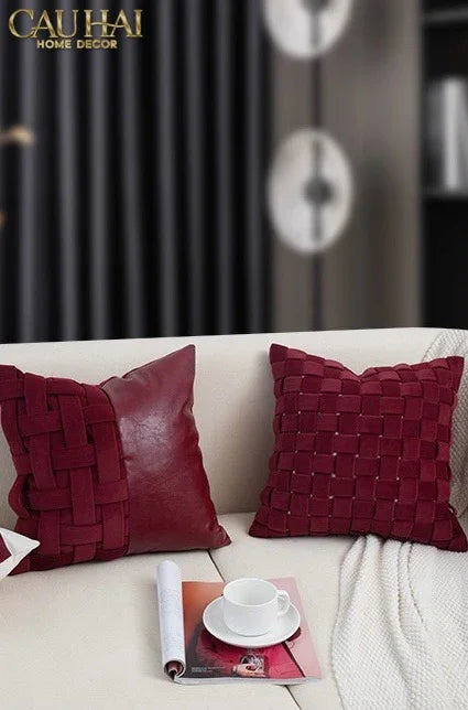 Maison Couture - Vỏ Gối Nhung Leather Bordeaux Woven Mistletoe 45-CẬU HAI HOME DECOR