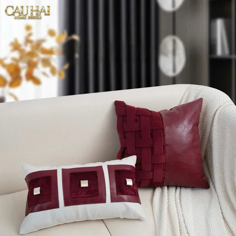 Maison Couture - Vỏ Gối Nhung Leather Bordeaux Woven Mistletoe 45-CẬU HAI HOME DECOR