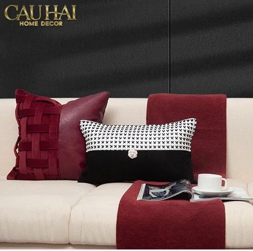 Maison Couture - Vỏ Gối Nhung Leather Bordeaux Woven Mistletoe 45-CẬU HAI HOME DECOR