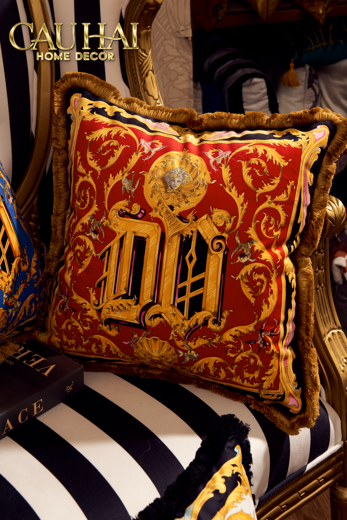 Maison Couture - Vỏ Gối V Class I ♡ Baroque Acanthus Medusa Monogram Cushion 45 Vermillion Rouge-VỎ GỐI SOFA-CẬU HAI HOME DECOR-CẬU HAI HOME DECOR