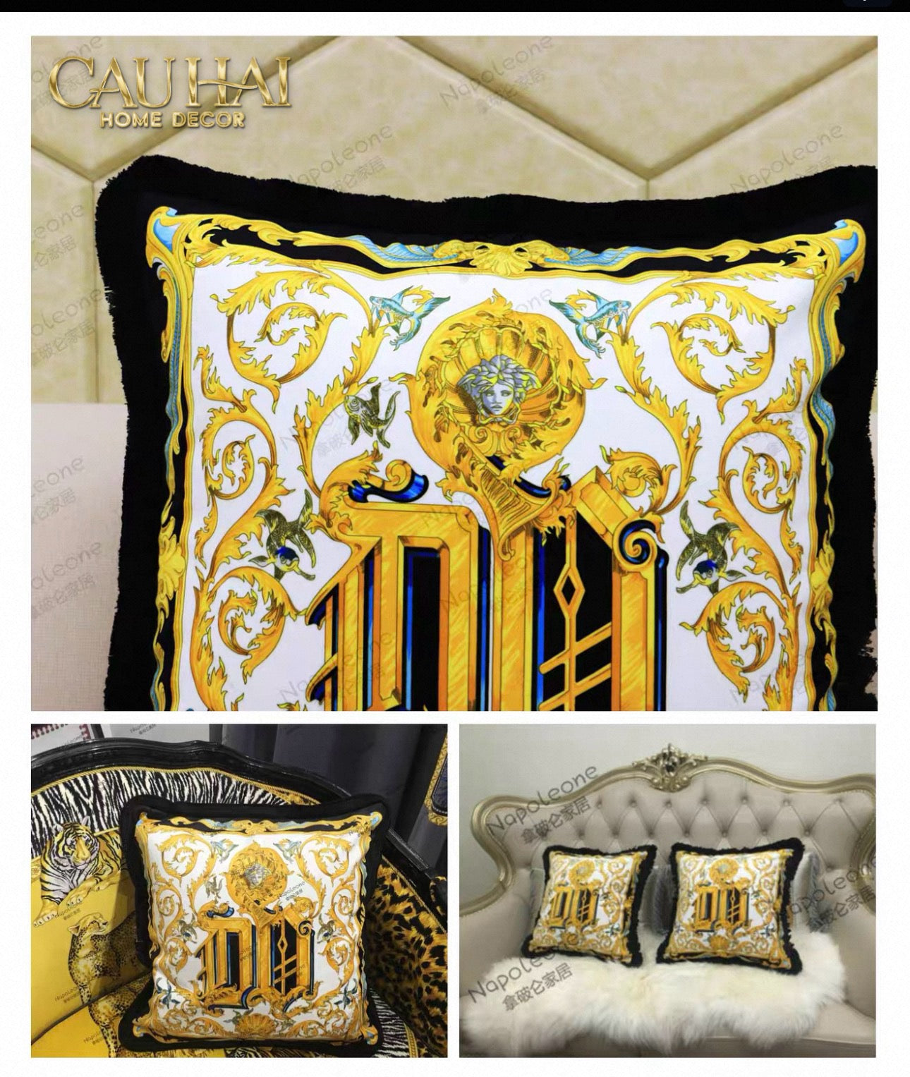 Maison Couture - Vỏ Gối V Class I ♡ Baroque Acanthus V Monogram Cushion 45 Medusa Gala White-CẬU HAI HOME DECOR