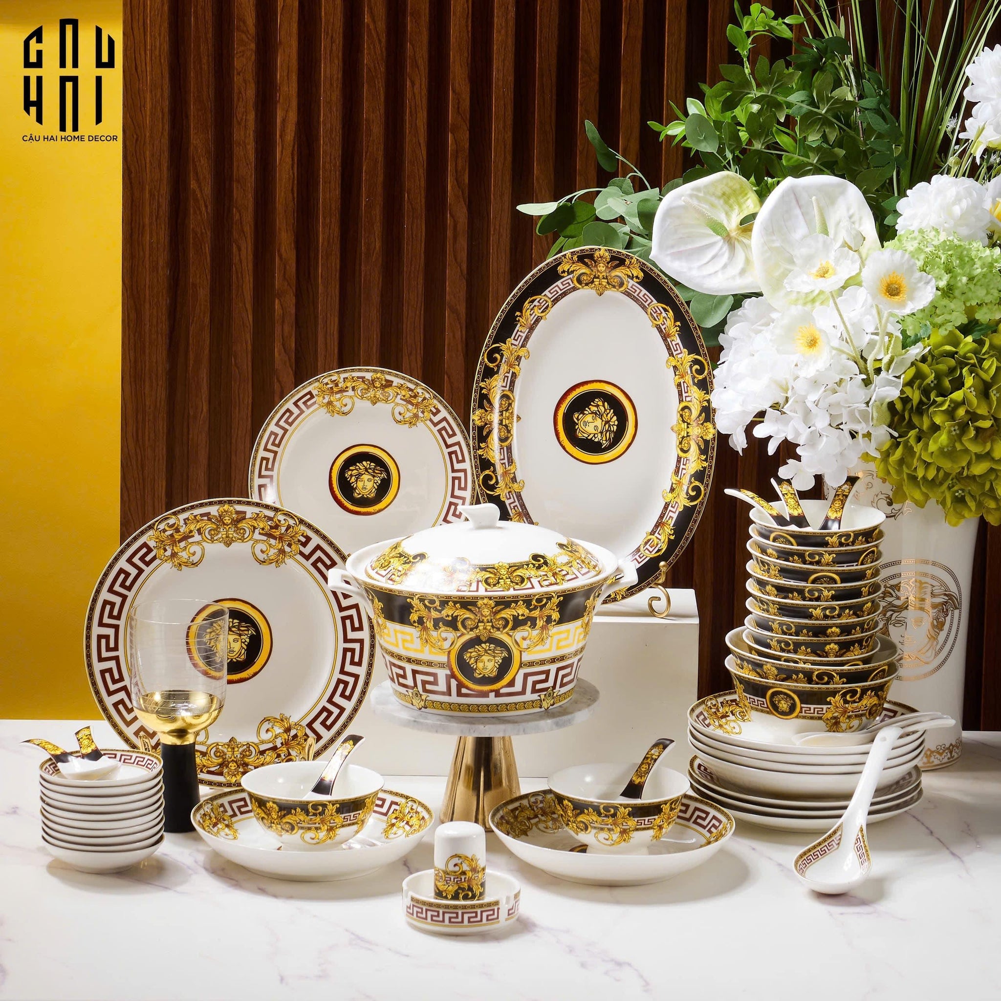 HOME COUTURE - SET CHÉN DĨA BLACK BAROQUE FRAME MEDUSA SIGNATURE 48PCS - CẬU HAI HOME DECOR