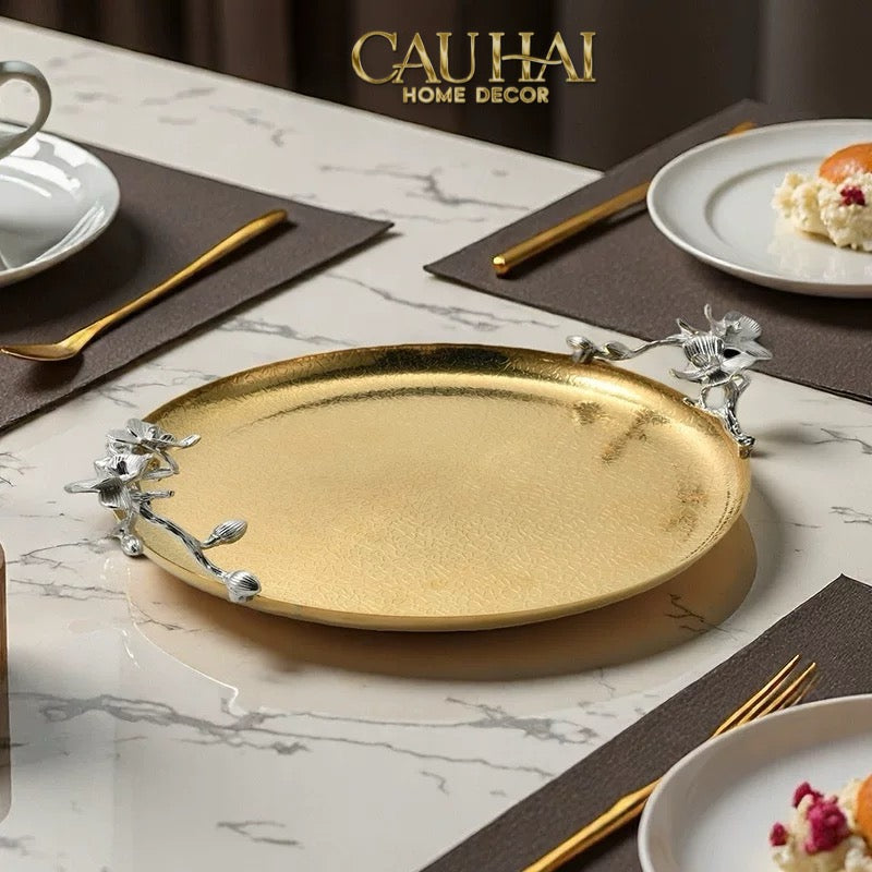 Maison Elysian Couture - Khay Tròn Đồng Platinum Cataleya Indira Brasson Decorative Trays 27x30x8-CẬU HAI HOME DECOR