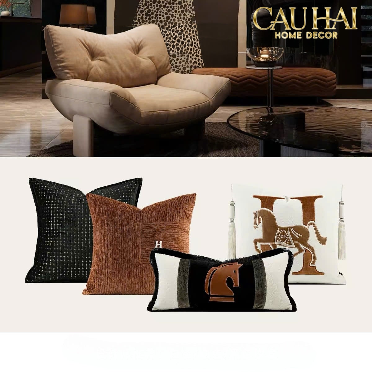Vỏ Gối Nhung Phối Da Cavalier H Camel Ivory 45x45-VỎ GỐI SOFA-CẬU HAI HOME DECOR-CẬU HAI HOME DECOR