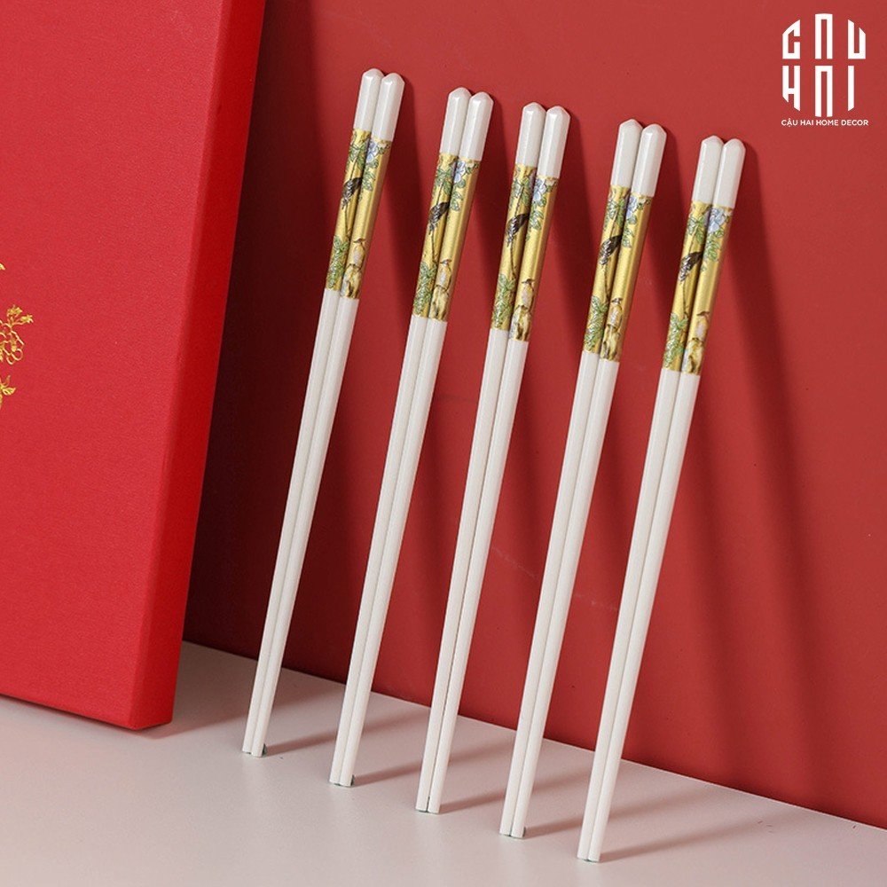 Set 10 Đôi Đũa Sứ BST Khổng Tước Hoàng Kim Porcelain Chopstick 25cm-CẬU HAI HOME DECOR