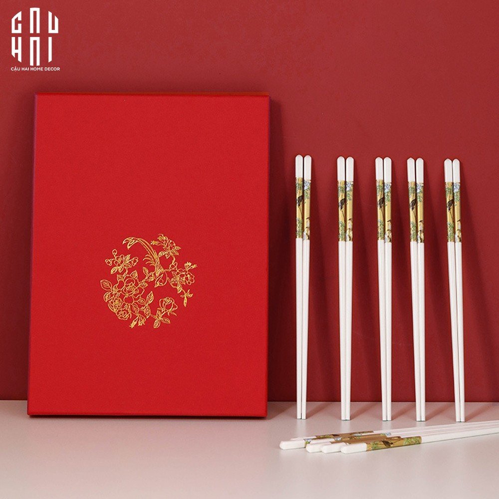 Set 10 Đôi Đũa Sứ BST Khổng Tước Hoàng Kim Porcelain Chopstick 25cm-CẬU HAI HOME DECOR