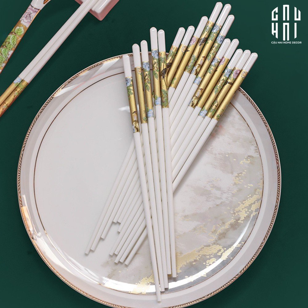 Set 10 Đôi Đũa Sứ BST Khổng Tước Hoàng Kim Porcelain Chopstick 25cm-CẬU HAI HOME DECOR