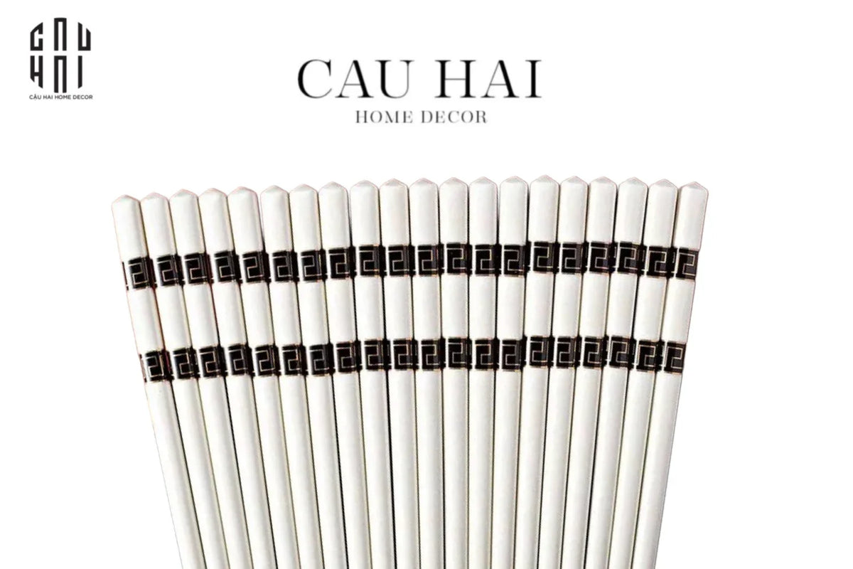 Set 10 Đôi Đũa Sứ V Class Black Greek Key Atélier Porcelain Chopsticks-Dinner Cutlery Set Dao Muỗng Nĩa-Đối tác tại Trung Quốc theo từng đơn đặt hàng-CẬU HAI HOME DECOR