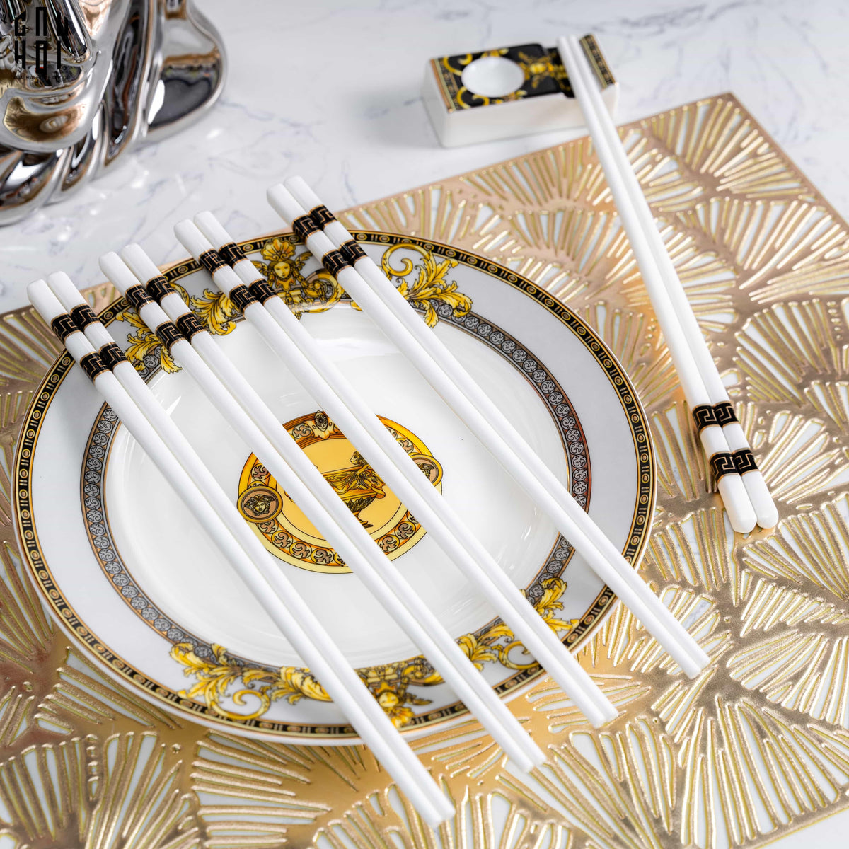 Set 10 Đôi Đũa Sứ V Class Black Greek Key Atélier Porcelain Chopsticks-Dinner Cutlery Set Dao Muỗng Nĩa-Đối tác tại Trung Quốc theo từng đơn đặt hàng-CẬU HAI HOME DECOR