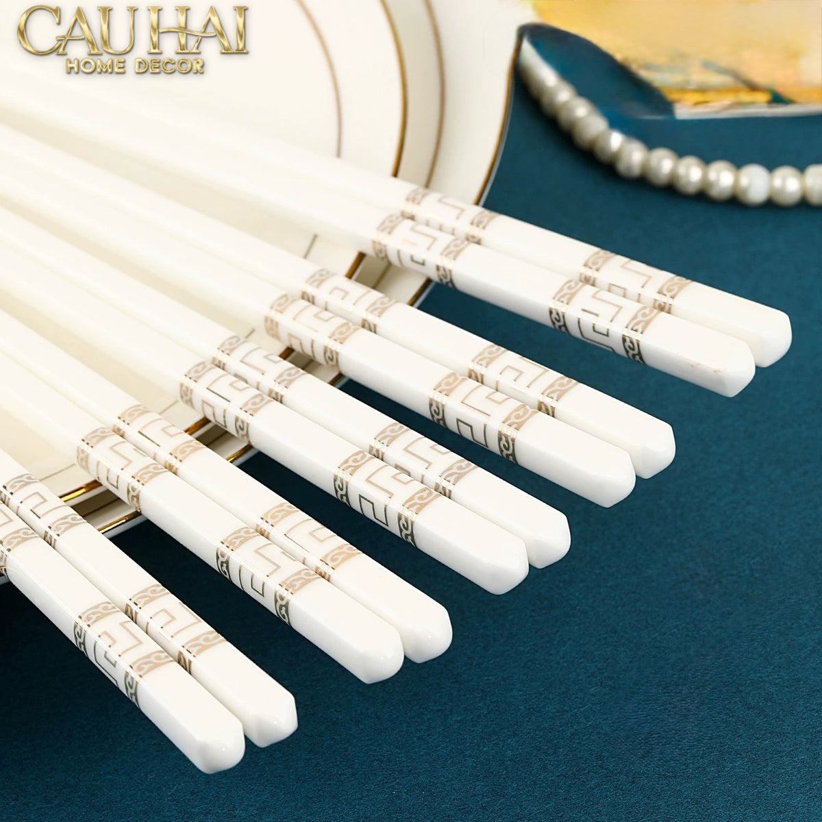 Set 10 Đôi Đũa Sứ V Class White Gold Greek Key Atélier Porcelain Chopsticks-Dinner Cutlery Set Dao Muỗng Nĩa-Đối tác tại Trung Quốc theo từng đơn đặt hàng-CẬU HAI HOME DECOR