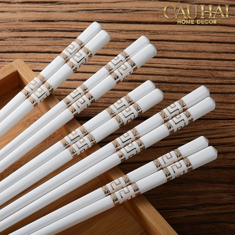 Set 10 Đôi Đũa Sứ V Class White Gold Greek Key Atélier Porcelain Chopsticks-CẬU HAI HOME DECOR