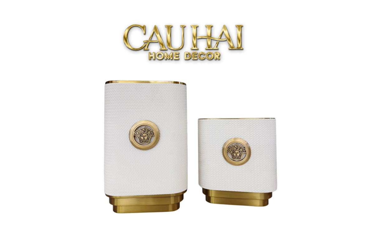 Set 2 Bình Hoa Bọc Da Cao Cấp - Leather Riviera Ivory Gilded Medusa-BÌNH HOA-CẬU HAI HOME DECOR-CẬU HAI HOME DECOR