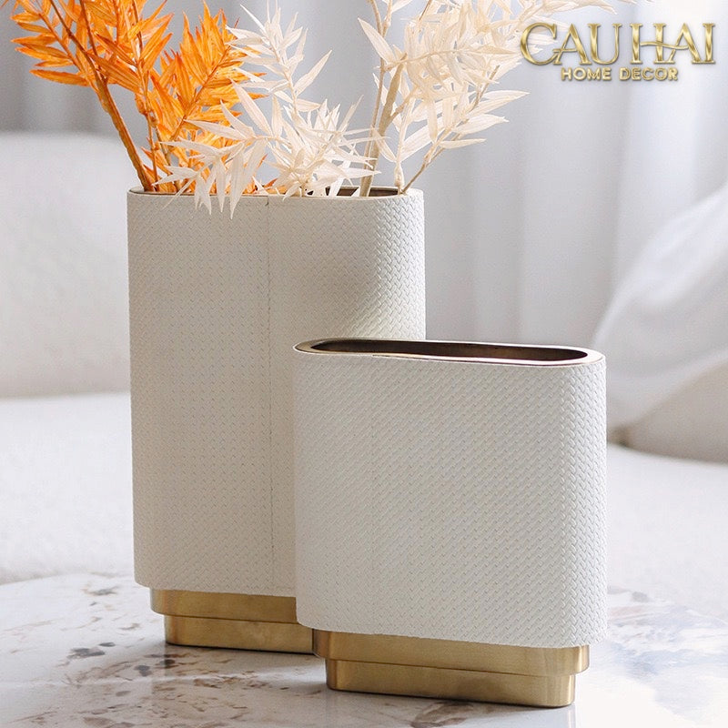Set 2 Bình Hoa Bọc Da Cao Cấp - Leather Riviera Ivory Gilded Medusa-BÌNH HOA-CẬU HAI HOME DECOR-CẬU HAI HOME DECOR