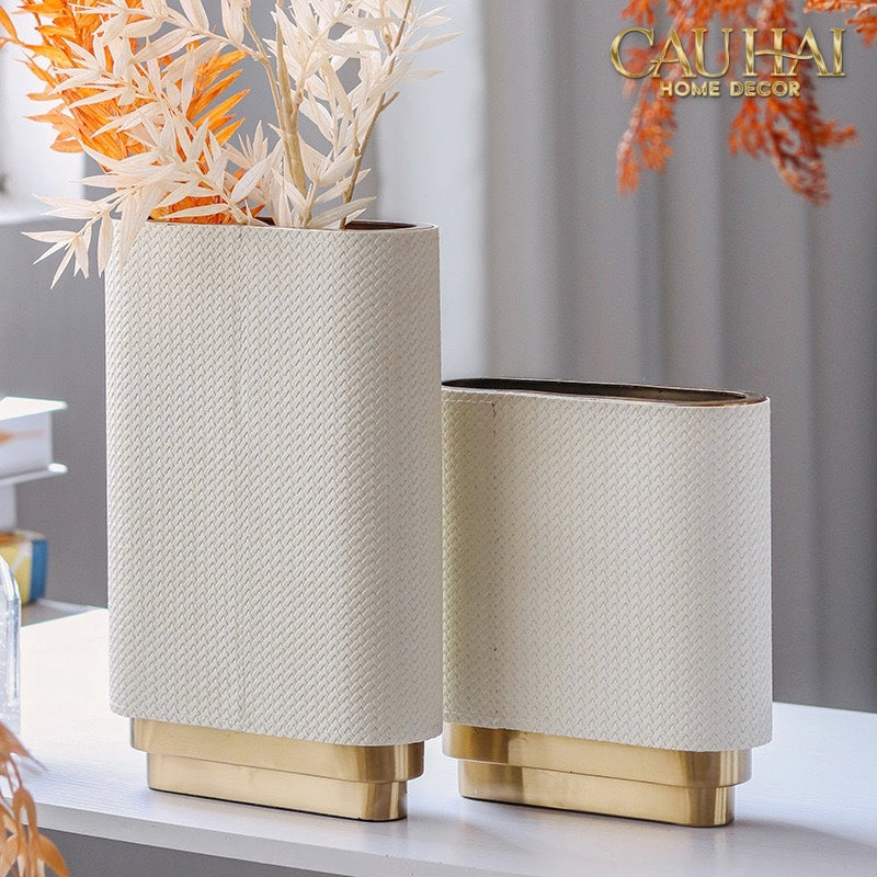 Set 2 Bình Hoa Bọc Da Cao Cấp - Leather Riviera Ivory Gilded Medusa-BÌNH HOA-CẬU HAI HOME DECOR-CẬU HAI HOME DECOR