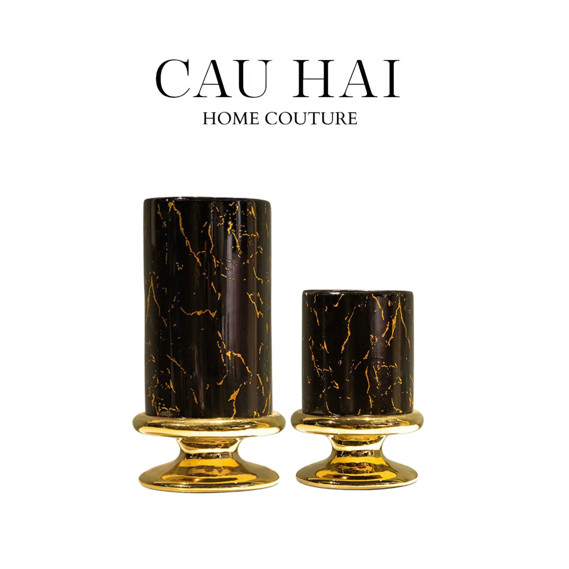 SET 2 BÌNH HOA SỨ - BLACK ARTHUR MARBLE H23/19 - CẬU HAI HOME DECOR