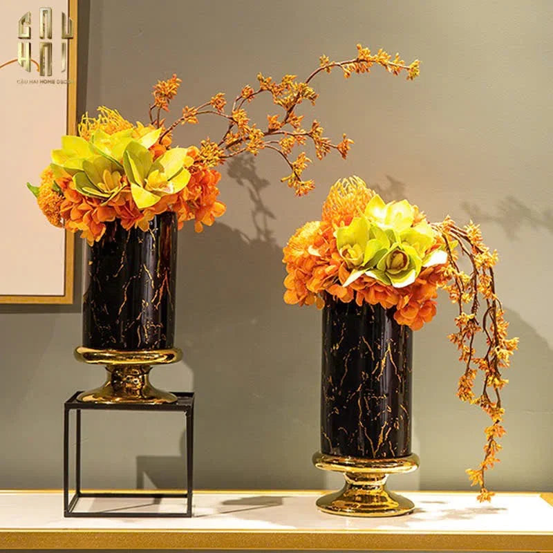 SET 2 BÌNH HOA SỨ - BLACK ARTHUR MARBLE H23/19 - CẬU HAI HOME DECOR