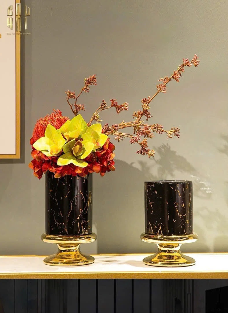 SET 2 BÌNH HOA SỨ - BLACK ARTHUR MARBLE H23/19 - CẬU HAI HOME DECOR