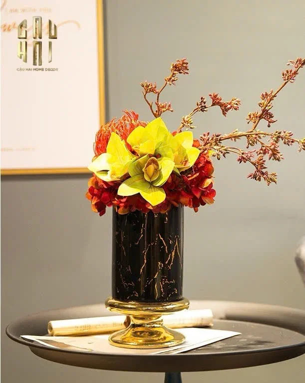 SET 2 BÌNH HOA SỨ - BLACK ARTHUR MARBLE H23/19 - CẬU HAI HOME DECOR