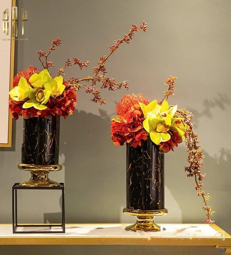 SET 2 BÌNH HOA SỨ - BLACK ARTHUR MARBLE H23/19 - CẬU HAI HOME DECOR