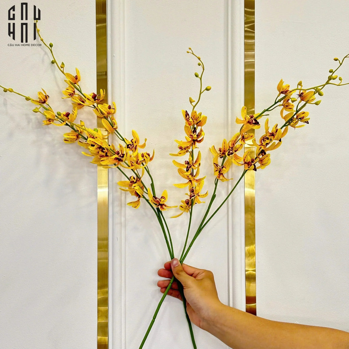 Set 2 Cành Địa Lan Cymbidium Mini - Vàng-Hoa Lụa-Đối tác tại Trung Quốc theo từng đơn đặt hàng-CẬU HAI HOME DECOR