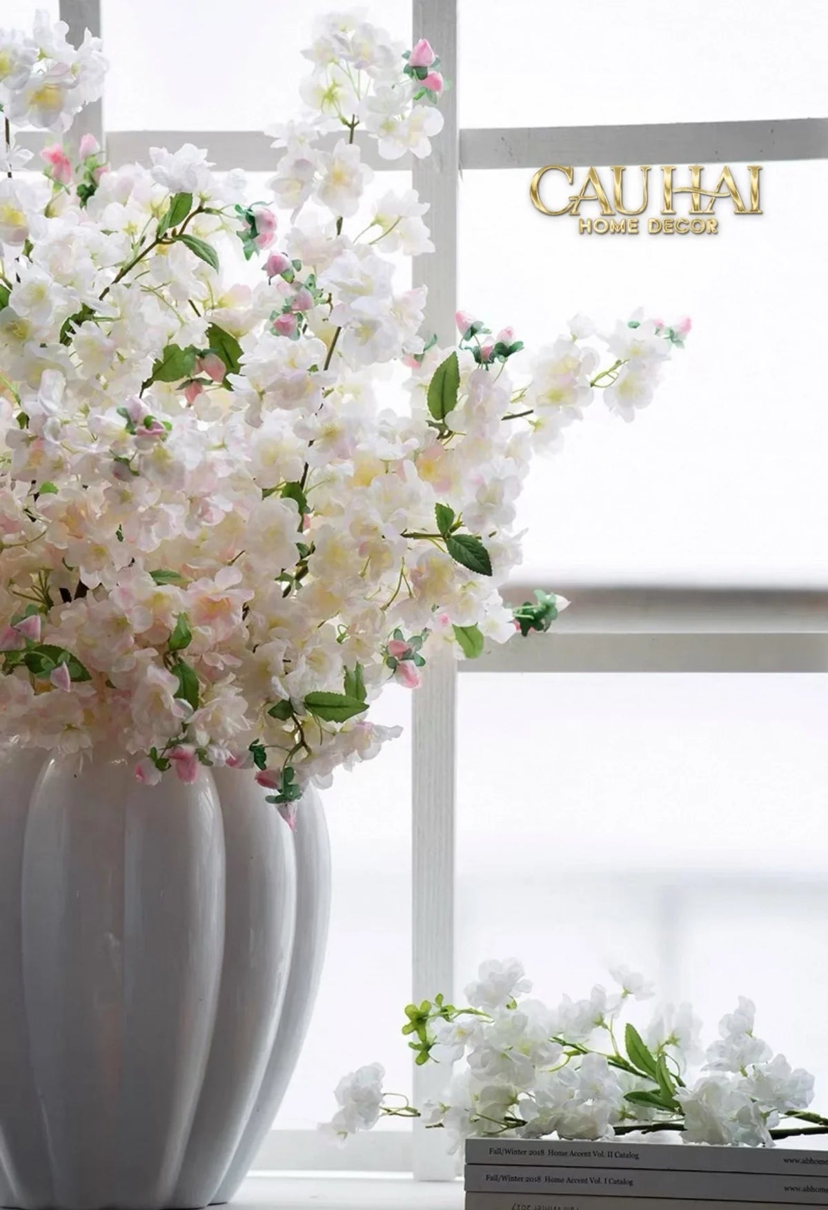 Set 2 Cành Hoa Anh Đào Trắng - White Sakura-Hoa Lụa-Đối tác tại Trung Quốc theo từng đơn đặt hàng-CẬU HAI HOME DECOR