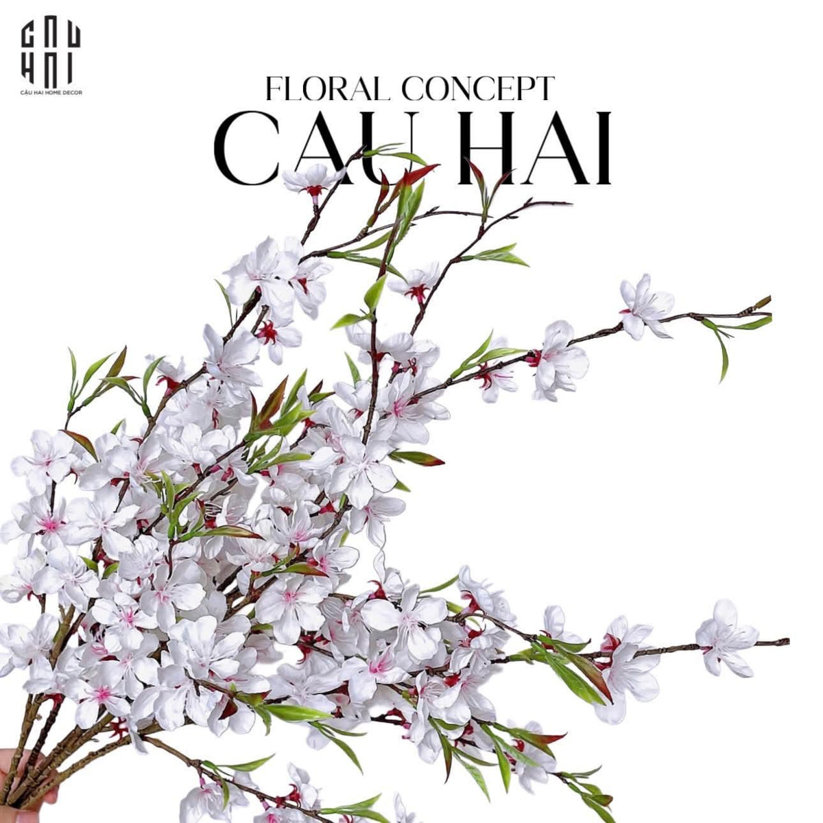Set 2 Cành Hoa Đào - Trắng-Hoa Lụa-Đối tác tại Trung Quốc theo từng đơn đặt hàng-CẬU HAI HOME DECOR