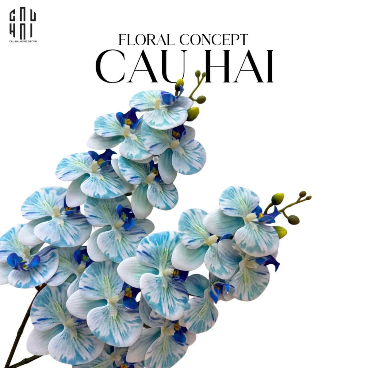 Set 2 Cành Hoa Lan Hồ Điệp - Cool White Blue Aqua-Hoa Lụa-Đối tác tại Trung Quốc theo từng đơn đặt hàng-CẬU HAI HOME DECOR