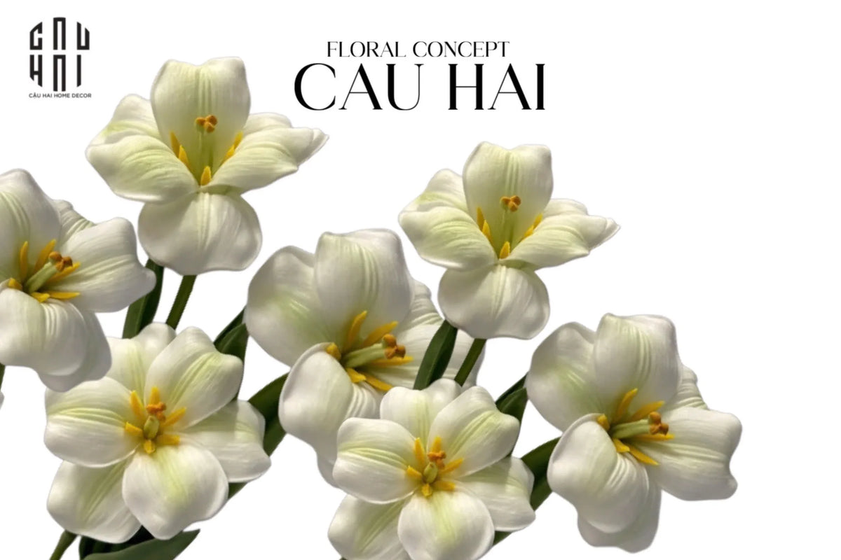 Set 2 Cành Hoa Tulip Blooming - White Green-Hoa Lụa-Đối tác tại Trung Quốc theo từng đơn đặt hàng-CẬU HAI HOME DECOR
