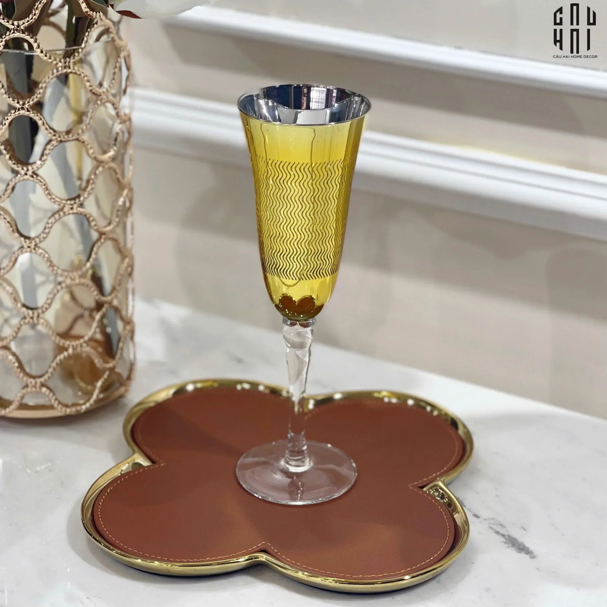 Set 2 Đĩa Sứ Bọc Da Fleur De Monogram - Gold Lignes-CẬU HAI HOME DECOR